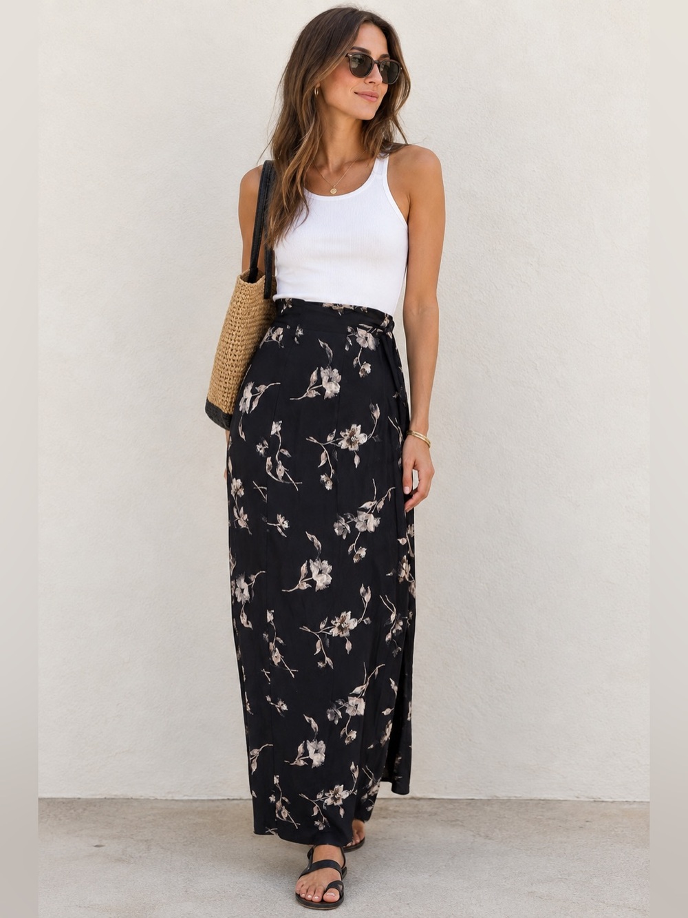 Vintage Blue Black Boho Y2K Floral Wrap Maxi Skirt size Large